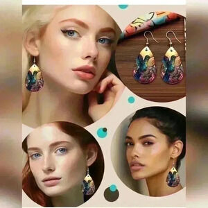 Southwestern collection stained glass printed tear drop pendant earrings